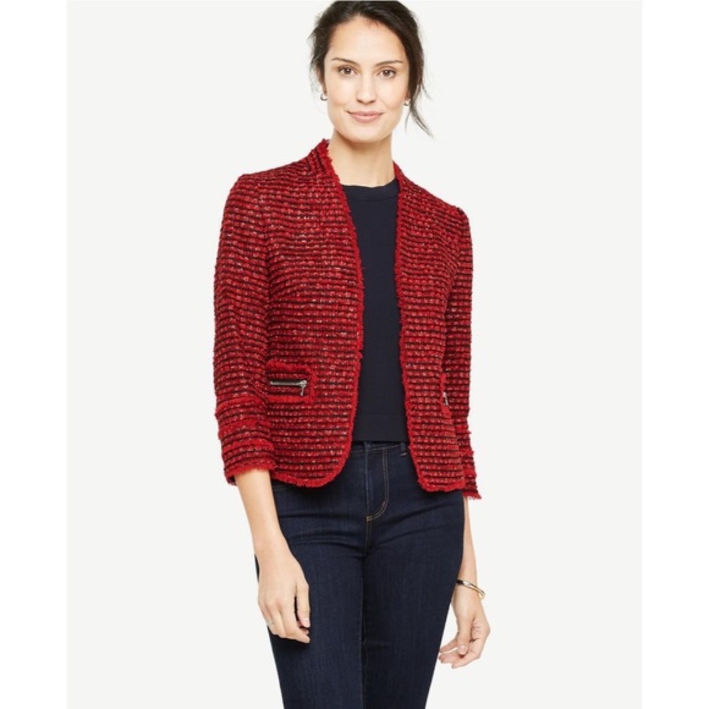 Ann Taylor Red Tweed Fringe Metallic Blazer